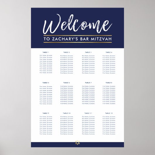 BAR MITZVAH TABLE PLAN 12 Tische moderne Marine Poster (Vorne)