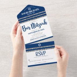 Bar Mitzvah Tallit Navy Blue Script Simple Modern All In One Einladung