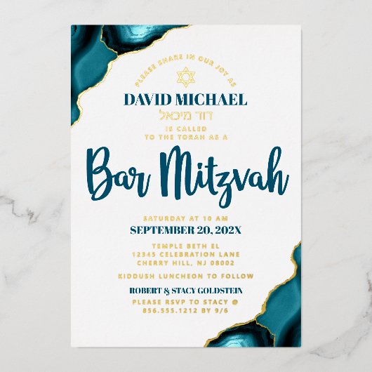 Bar Mitzvah Turquoise Agate Bold Script Real Gold Folieneinladung (Vorderseite)