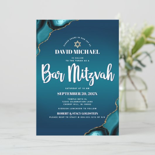 Bar Mitzvah Turquoise Ombre Agate Modernes Skript Einladung (Stehend Vorderseite)