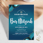 Bar Mitzvah Turquoise Ombre Agate Modernes Skript Einladung<br><div class="desc">Seien Sie stolz, freuen Sie sich und präsentieren Sie diesen Meilenstein Ihres Lieblings-Bar Mitzvah! Versenden Sie diese coole, einzigartige, moderne, personalisierte Einladung für eine Veranstaltung, an die Sie sich erinnern können. Die Typografie der weißen Schrift und die Imitate goldener Stern von David überlagern einen tieftürkisfarbenen, aquamarinen, dunkelblauen Hintergrund mit türkisblauem...</div>