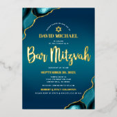 Bar Mitzvah Turquoise Ombre Agate Script Real Gold Folieneinladung (Vorderseite)