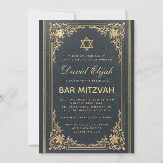 Bar Mitzvah Vintag Elegant Gold Star Dunkelblau Einladung (Vorderseite)