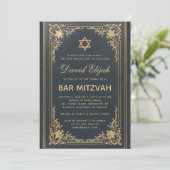 Bar Mitzvah Vintag Elegant Gold Star Dunkelblau Einladung (Stehend Vorderseite)
