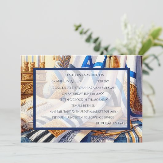 Bar Mitzvah Watercolor Tallit 3 Einladung (Stehend Vorderseite)