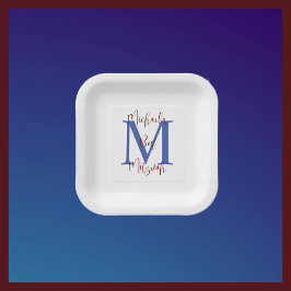 Bar Mitzvah White Blue Burgundy Name Monogram Pappteller