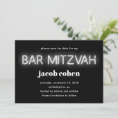 Bar Mitzvah White Neon Lights Save the Date Einladung (Stehend Vorderseite)