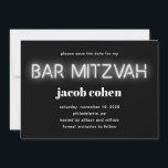 Bar Mitzvah White Neon Lights Save the Date Einladung<br><div class="desc">Coole moderne Bar mitzvah Ankündigung Datum freihalten mit "Bar mitzvah" in weißem Neonlicht auf schwarzem Hintergrund.</div>