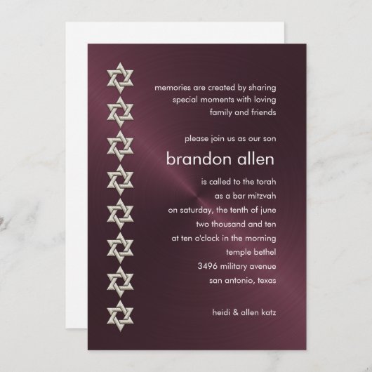 Bar Mitzvah Wine Sheen Silver Stars von David Einladung (Vorne/Hinten)