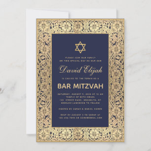 Bar Mitzwa Elegant Navy Blau Vintage Goldene Rosen Einladung