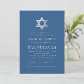 Bar Mitzwa Klassisch Blau Faux-Silber Davidstern Einladung (Stehend Vorderseite)