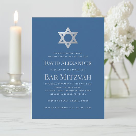 Bar Mitzwa Klassisch Blau Faux-Silber Davidstern Einladung