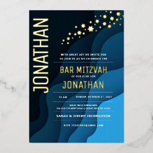Bar Mitzwa Moderne Marinewellen ECHTES GOLD Folie Folieneinladung