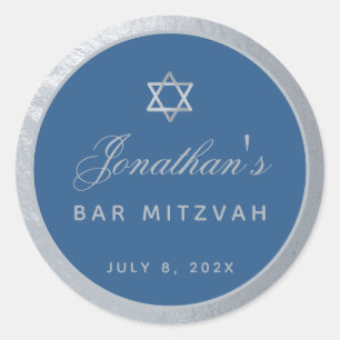 Bar Mizwa Klassisch Blau Falsches Silber-Grau Schr Runder Aufkleber
