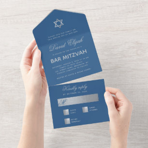 Bar Mizwa Klassisch Blau Kunstsilber Stern Schrift All In One Einladung