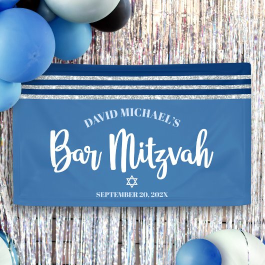 Bar Mizwa Modern Blau Silber Tallit Fette Schrift Banner