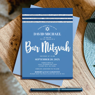 Bar Mizwa Modern Blau Silber Tallit Fette Schrift Einladung