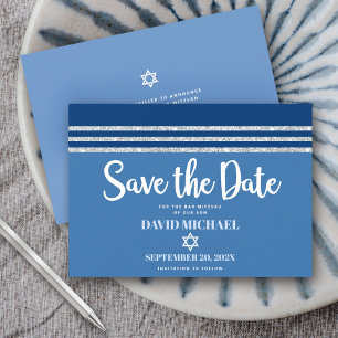 Bar Mizwa Modern Fette Schrift Blau Silber Tallit Save The Date