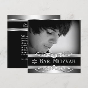 Bar Mizwa Schwarz Silber Metall männlich 2 Einladung