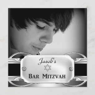 Bar Mizwa Schwarz Silber Metall männlich Einladung