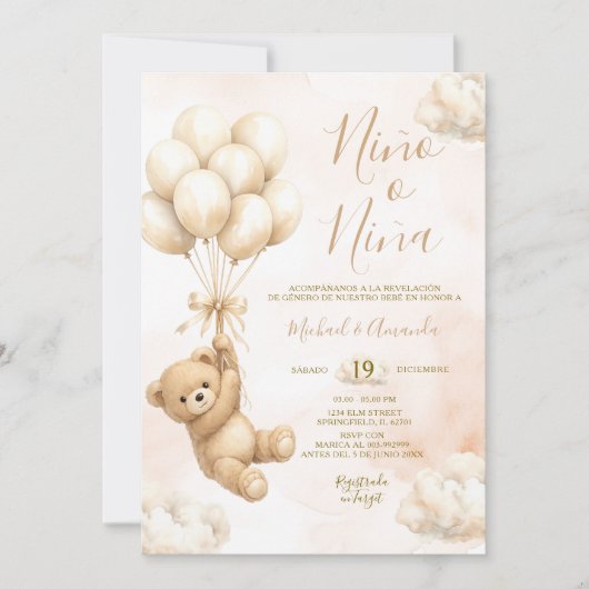 Bär Niña oder Niño Geschlecht Enthüllung Rosa und Einladung (Vorderseite)