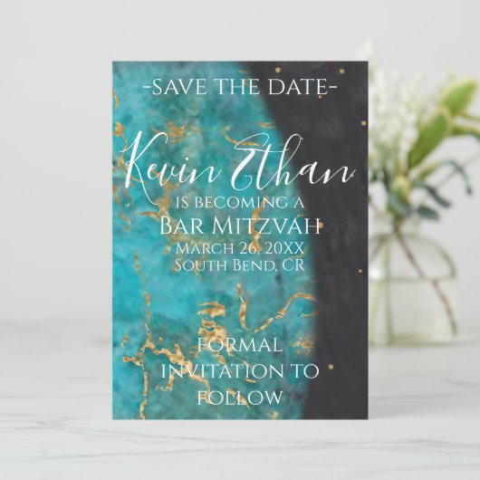 Bar oder Bat Mitzvah Save the Date aus dieser Welt (Stehend Vorderseite)