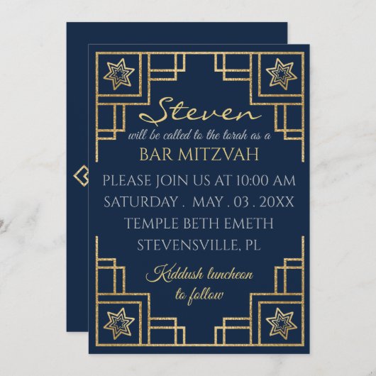Bar or Bat Mitzvah Blue n Gold Art Deco Einladung (Vorne/Hinten)