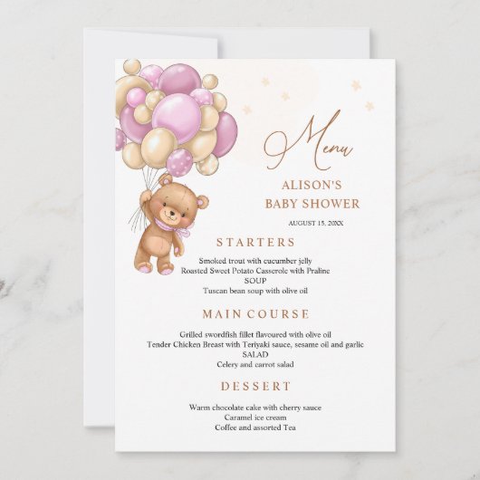 Bär Rosa Ballons Baby Shower Menü Einladung (Vorderseite)