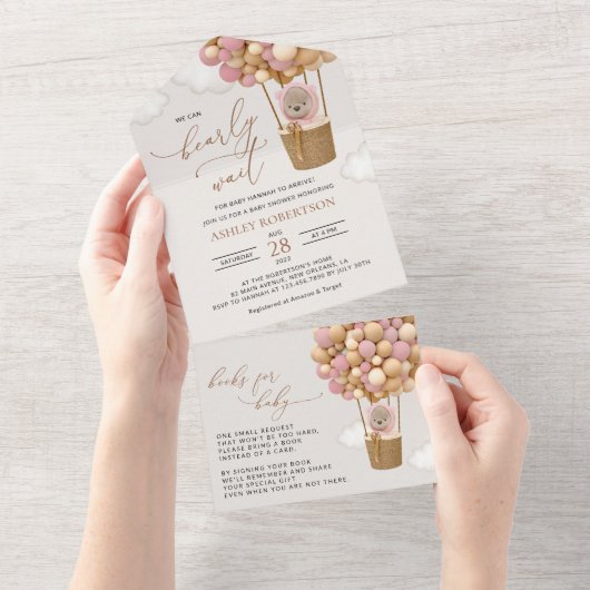 Bär, rosa Balloons, Heißluftballon, Babydusche All In One Einladung (Abreißen)