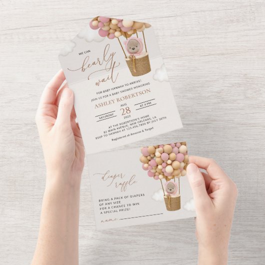 Bär, rosa Balloons, Heißluftballon, Babydusche All In One Einladung (Abreißen)