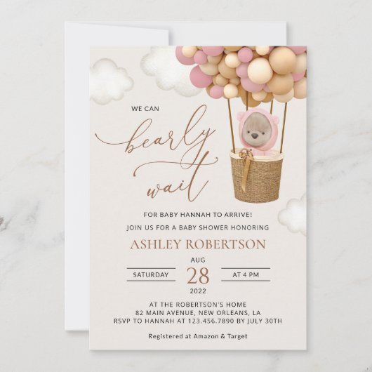 Bär, rosa Balloons, Heißluftballon, Babydusche Einladung (Vorderseite)