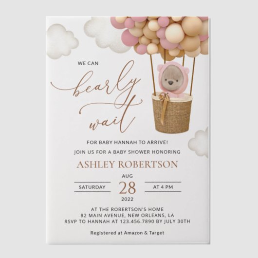 Bär, rosa Balloons, Heißluftballon, Babydusche Pergament Einladungen (Vorderseite)