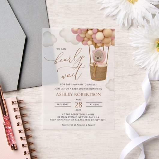 Bär, rosa Balloons, Heißluftballon, Babydusche Pergament Einladungen (Hochzeit)