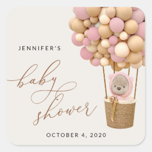 Bär, rosa Balloons, Heißluftballon, Babydusche Quadratischer Aufkleber