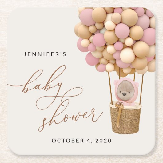 Bär, rosa Balloons, Heißluftballon, Babydusche Rechteckiger Pappuntersetzer (Vorderseite)