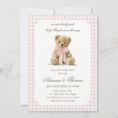Bär Rosa Gingham Mädchen Baby Shower Einladung (Vorderseite)