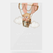 Bär, rosa Heißluftballon, Babydusche Willkommen Acrylschild (Vorderseite)