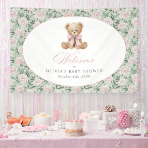 Bär, Rosa Schleife, Rosa Blumen, Babyparty Willkom Banner