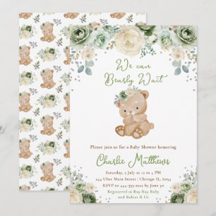 Bär Sage Grün und Elfenbein Blumen Baby Shower Einladung