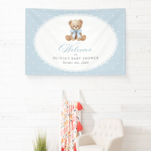 Bär, Schleife, Blaue Punkte, Babyparty-Willkommen Banner