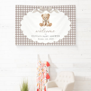 Bär, Schleife, braunes Gingham, Babyparty-Willkomm Banner