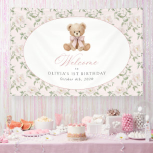Bär, Schleife, rosa Blumen, Willkommensschild zum  Banner