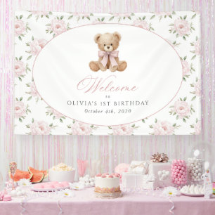 Bär, Schleife, rosa Blumen, Willkommensschild zum Banner
