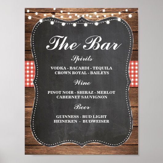Bar Sign Wedding Empfang Rustikale Chalk Roter Kar Poster (Vorne)
