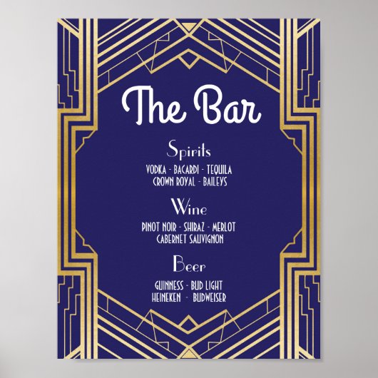 Bar Sign Wedding Reception 1920er Navy Art Deco Poster (Vorne)