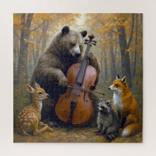 Bär spielt Cello in herbstlichen Wäldern Puzzle (Vertikal)