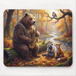 Bär spielt Saxophon im Herbstwald Mousepad