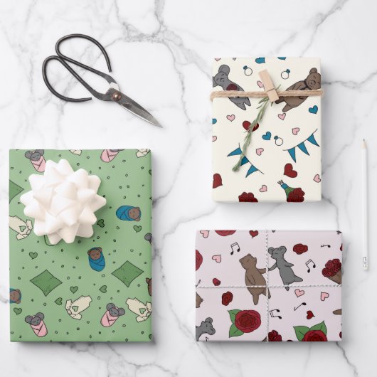 Bär und Maus Romance Verabredet Wedding Baby Geschenkpapier Set (Vorderseite)