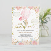 Bär und rosa Heißluftballon Babydusche Einladung (Stehend Vorderseite)