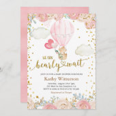 Bär und rosa Heißluftballon Babydusche Einladung (Vorne/Hinten)